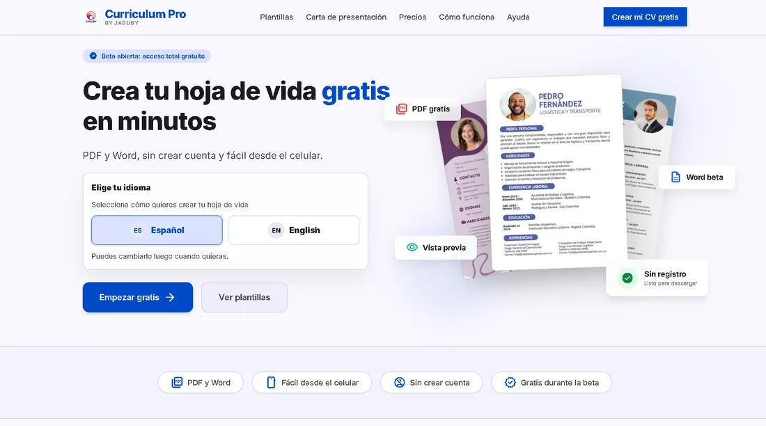 Captura de CurriculumPro mostrando la landing y previews de hojas de vida