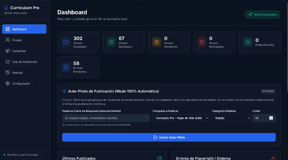 Captura del sistema de campaña y autopublicación en grupos de Facebook