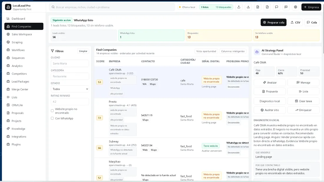 Captura de LocalLead Pro con tabla de empresas y panel de estrategia IA